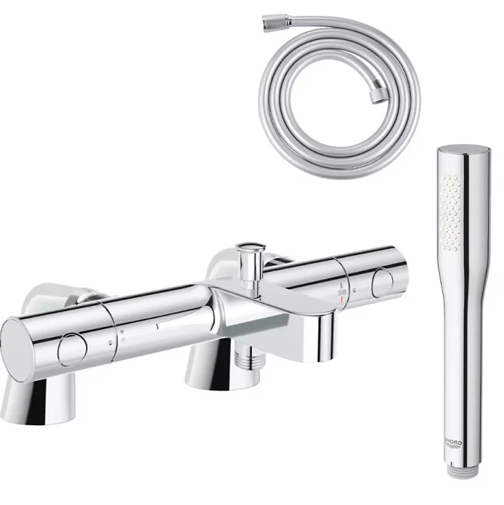 Grohe Pack mitigeur thermostatique Grohtherm 800 avec colonnettes + Douchette 1 jet Vitalio Get Stick + Flexible 1750 mm