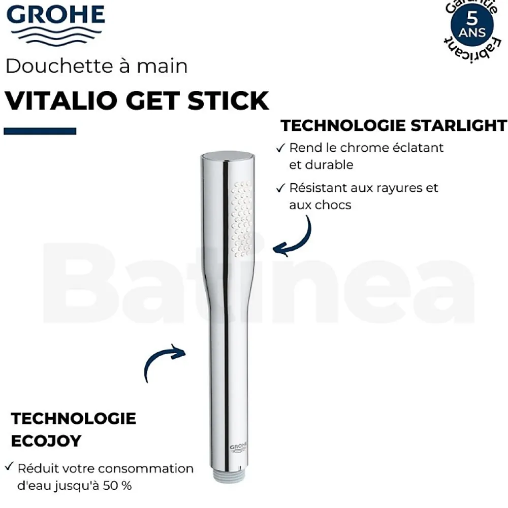 Grohe Pack mitigeur thermostatique Grohtherm 800 avec colonnettes + Douchette 1 jet Vitalio Get Stick + Flexible 1750 mm