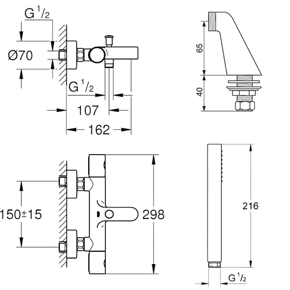 Grohe Pack mitigeur thermostatique Grohtherm 800 avec colonnettes + Douchette 1 jet Vitalio Get Stick + Flexible 1750 mm