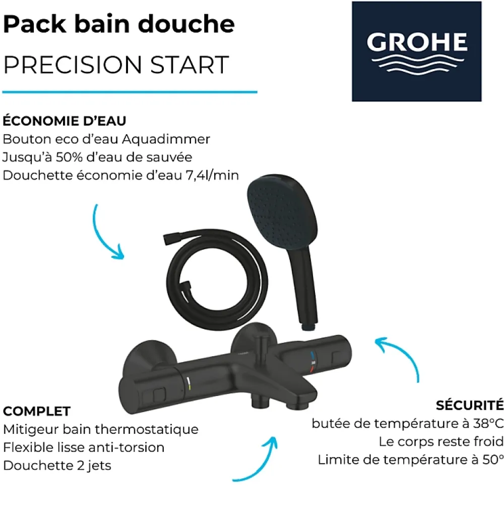 Robinet De Baignoire|Grohe Pack mitigeur Thermostatique bain douche Precision Start + Douchette 2 jets Vitalio Comfort 110 et flexible