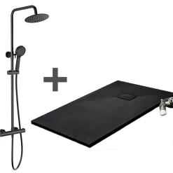 Stano Pack Receveur de douche 90 x 140 cm extra plat noir + Colonne de douche thermostatique
