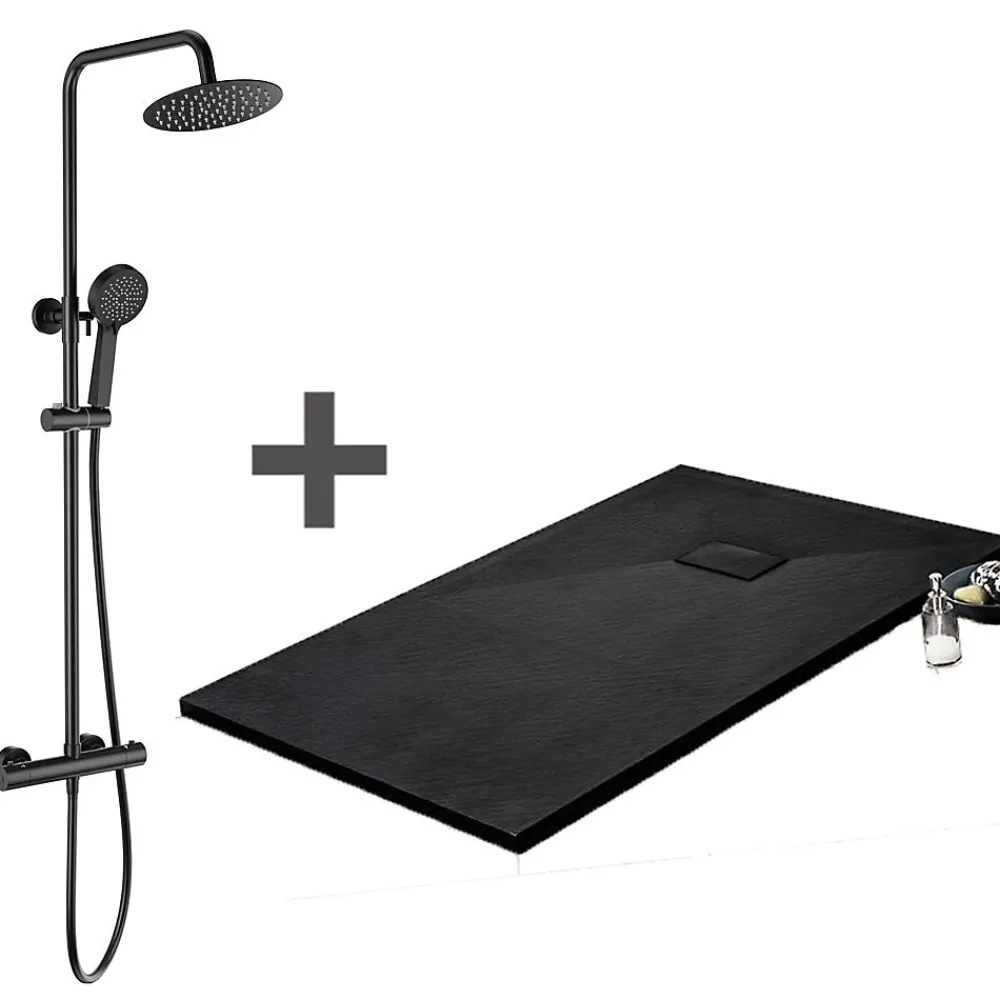 Stano Pack Receveur de douche 90 x 140 cm extra plat noir + Colonne de douche thermostatique