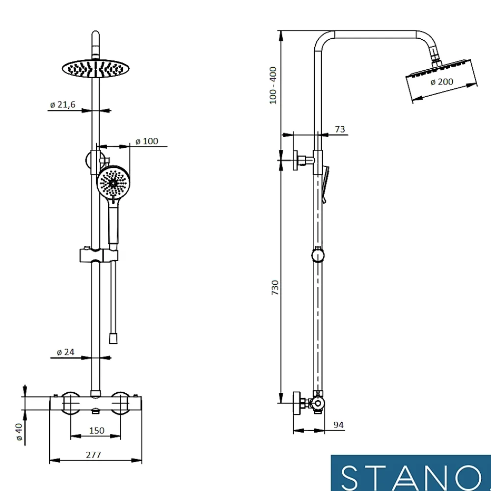 Stano Pack Receveur de douche 90 x 140 cm extra plat noir + Colonne de douche thermostatique