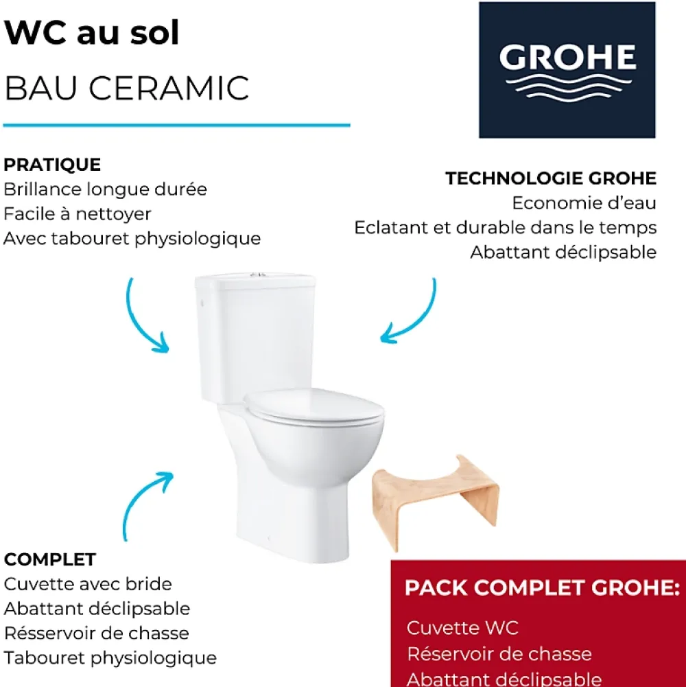 Grohe PACK WC à poser Bau Ceramic + Tabouret physiologique Bois