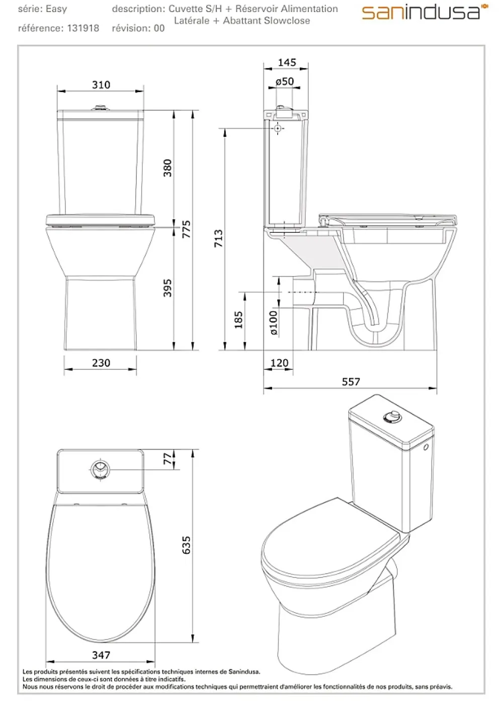 Sanindusa Pack WC au sol céramique traditionnelle Easy évac. arrière alim. chasse par le côté abattant frein de chute blanc