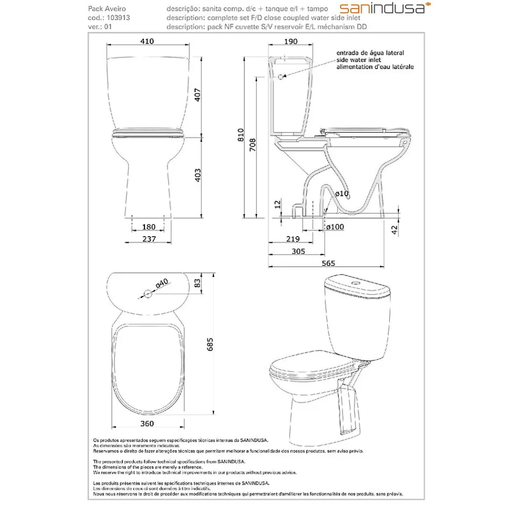 Wc À Poser|Sanindusa Pack WC Aveiro NF évacuation par dessous alimentation chasse d'eau par le côté blanc