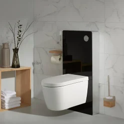 Wc Japonais|Planète Bain Pack WC Bati support mural avec cuvette lavante - Façade noire - WC japonais - Tesa