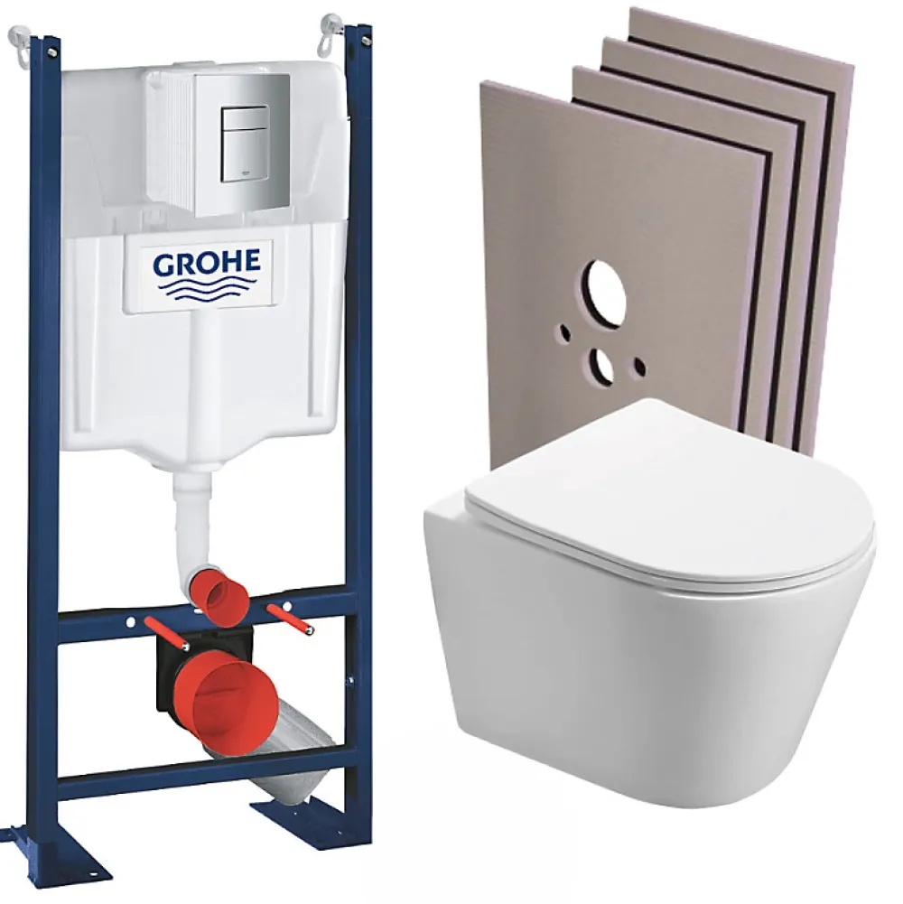 Swiss Aqua Technologies Pack WC Bâti autoportant + WC sans bride SAT Infinitio + Abattant softclose + Plaque Chrome mat + Set habillage