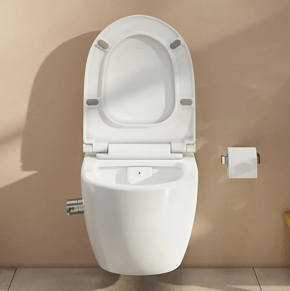 Wc Suspendu|Villeroy & Boch Pack WC Bâti sol mur + WC SAT + bidet thermostatique + Abattant SoftClose + Plaque (VCNSATCL4)