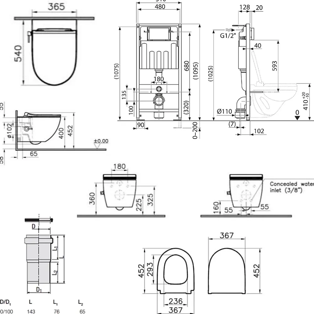 Wc Suspendu|Villeroy & Boch Pack WC Bâti sol mur + WC SAT + bidet thermostatique + Abattant SoftClose + Plaque (VCNSATCL4)