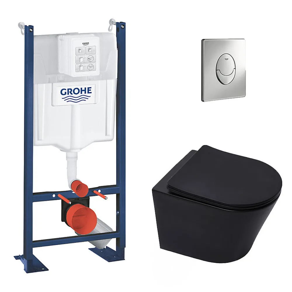 Wc Suspendu|Swiss Aqua Technologies Pack WC Bâti-autoportant Rapid SL + WC Infinitio sans bride noir mat + Abattant softclose + Plaque chrome