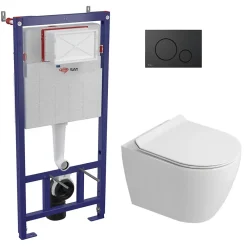 Swiss Aqua Technologies Pack WC bâti-support + WC sans bride Ceramia PixL avec abattant SoftClose + plaque noir (STCEPXWT01-FR)