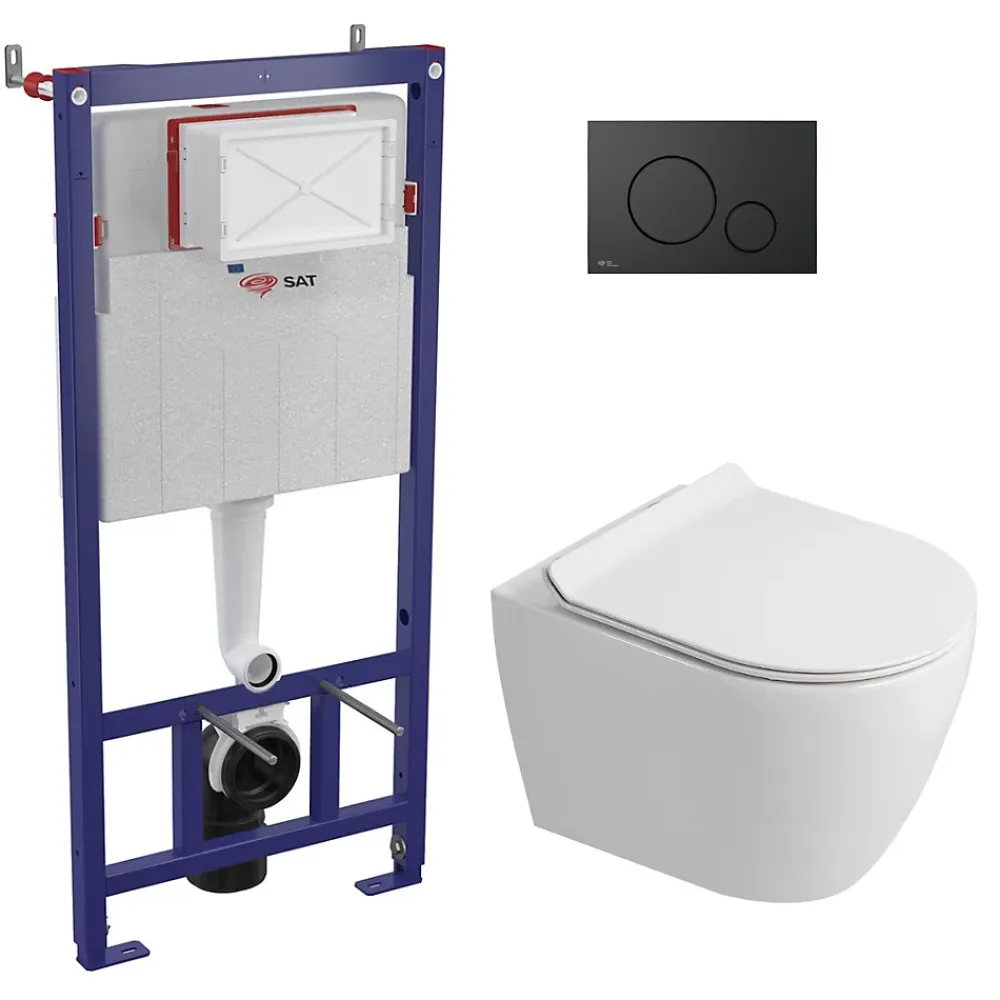 Swiss Aqua Technologies Pack WC bâti-support + WC sans bride Ceramia PixL avec abattant SoftClose + plaque noir (STCEPXWT01-FR)