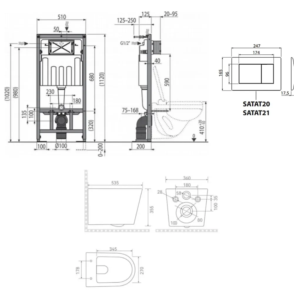 Swiss Aqua Technologies Pack WC bâti-support autoportant + WC suspendu sans bride + abattant SoftClose + plaque blanche (SMRTCETOR270)