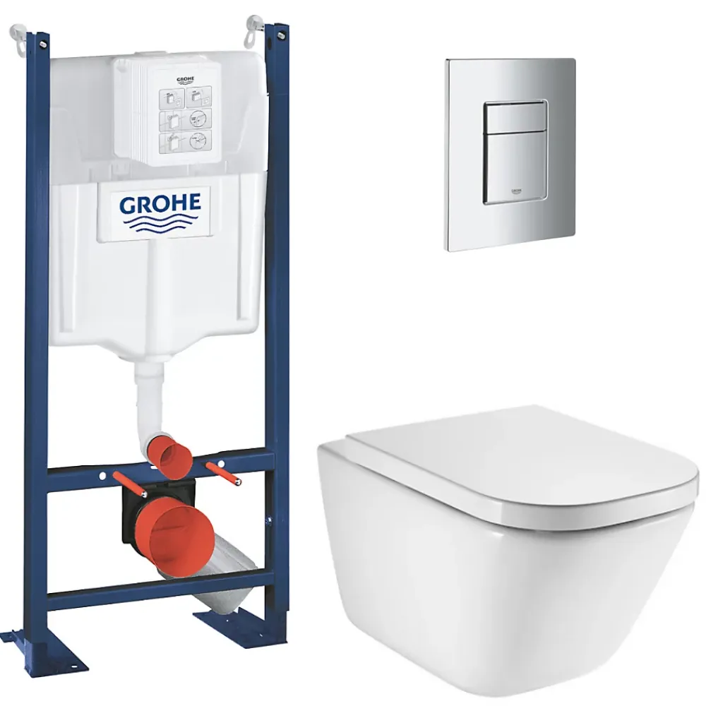 Grohe Pack WC bâti-support autoportant Rapid SL + WC suspendu Roca avec abattant SoftClose + plaque chrome (GRRROGAWR03-U)