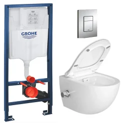 Swiss Aqua Technologies Pack WC Bâti-support Rapid SL + WC sans bride avec fonction bidet thermostatique + Plaque chrome