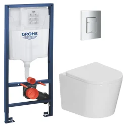 Grohe Pack WC bâti-support Rapid SL + WC suspendu sans bride + abattant SoftClose + plaque chrome, blanc (RAPIDSL-CETOR)