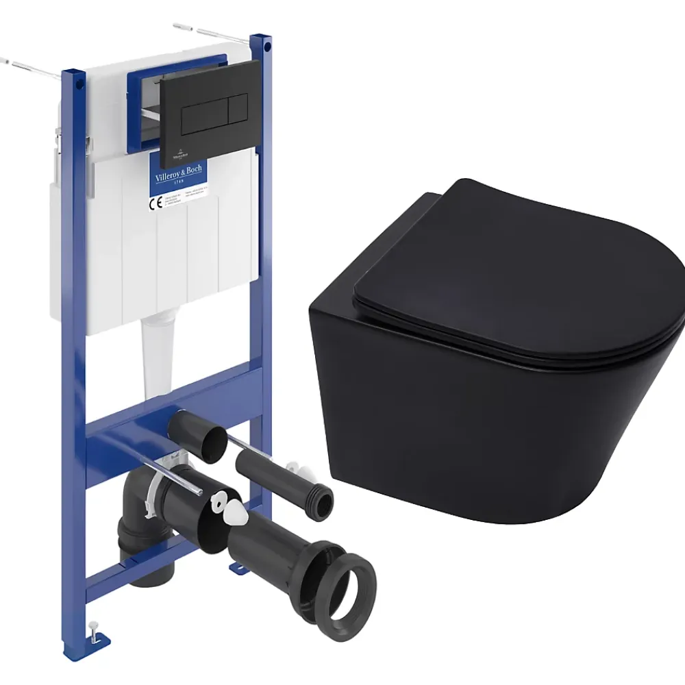 Wc Suspendu|Villeroy & Boch Pack WC Bâti-support sol mur + WC SAT Infinitio sans bride + Abattant SoftClose + Plaque (VCNBLINFI4)