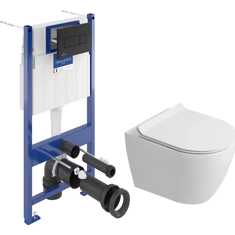 Wc Suspendu|Villeroy & Boch Pack WC bâti-support sol-mur + WC sans bride Ceramia PixL avec abattant SoftClose + plaque noir (VBCEPXWT01-FR)