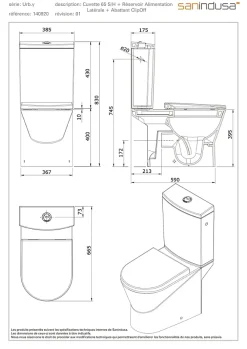 Sanindusa Pack WC cuvette+réservoir+abattant+fixations UrbY 65 caréné évacuation arrière alim. chasse d'eau par le côté blanc