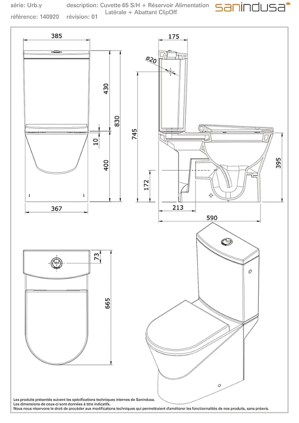 Sanindusa Pack WC cuvette+réservoir+abattant+fixations UrbY 65 caréné évacuation arrière alim. chasse d'eau par le côté blanc