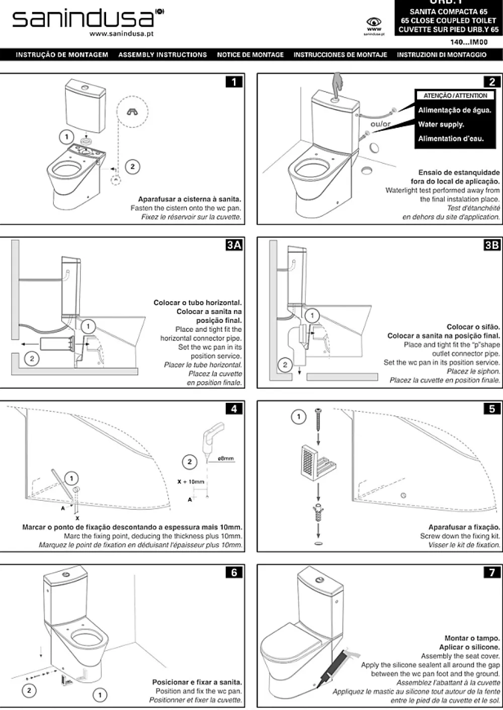 Sanindusa Pack WC cuvette+réservoir+abattant+fixations UrbY 65 caréné évacuation arrière alim. chasse d'eau par le côté blanc