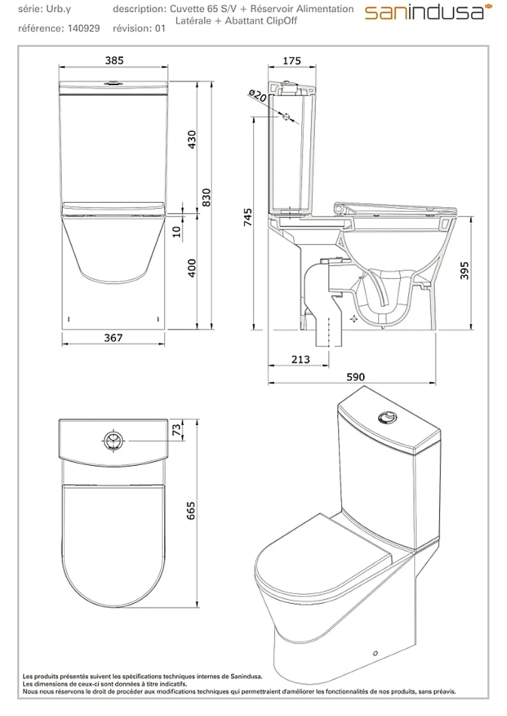 Sanindusa Pack WC cuvette+réservoir+abattant+fixations UrbY 65 caréné évacuation par dessous alim. chasse par le côté blanc