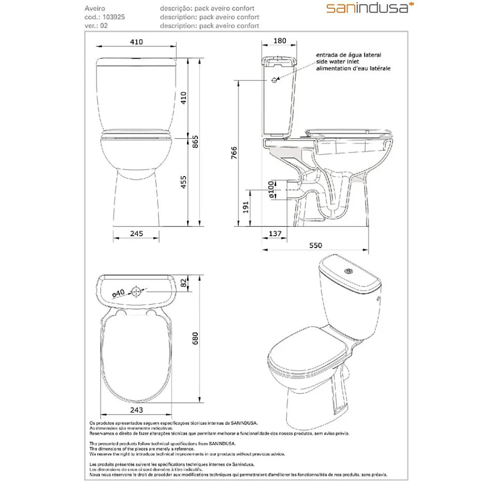 Sanindusa Pack WC PMR normes handicapé Aveiro Confort évacuation arrière alim. chasse d'eau par dessous blanc