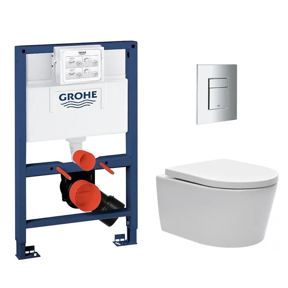 Wc Suspendu|Grohe Pack WC Rapid SL + Cuvette sans bride SAT, fixations invisibles + Plaque Chrome (RapidSL082-SATrimless-1)