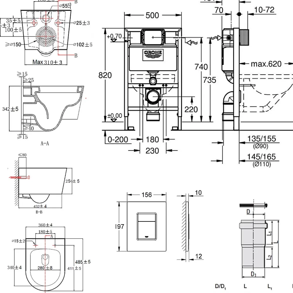 Wc Suspendu|Grohe Pack WC Rapid SL + Cuvette sans bride SAT, fixations invisibles + Plaque Chrome (RapidSL082-SATrimless-1)