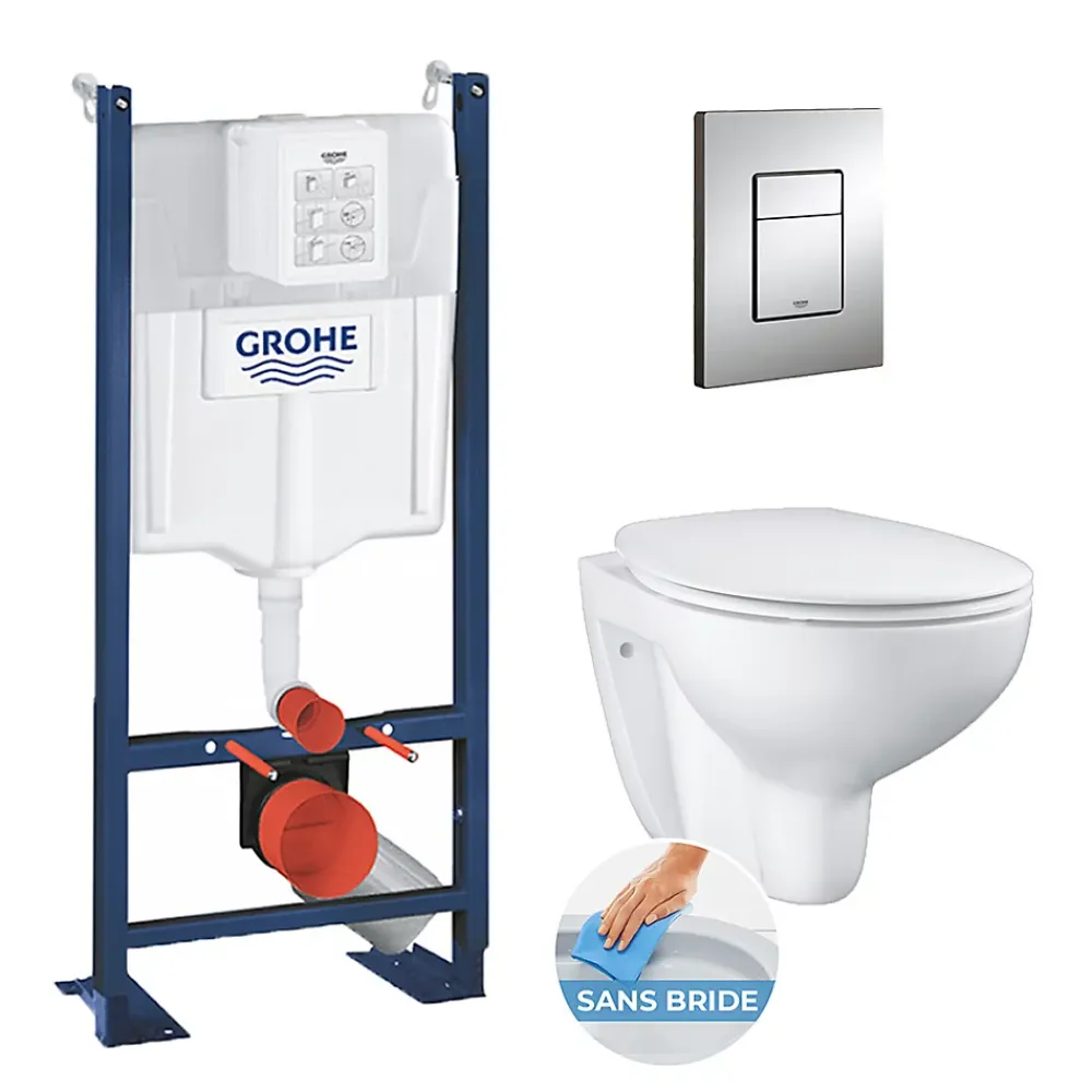 Wc Suspendu|Grohe Pack WC Rapid SL autoportant + cuvette Bau Ceramic sans bride + plaque Skate Cosmo chrome (ProjectBau-1)