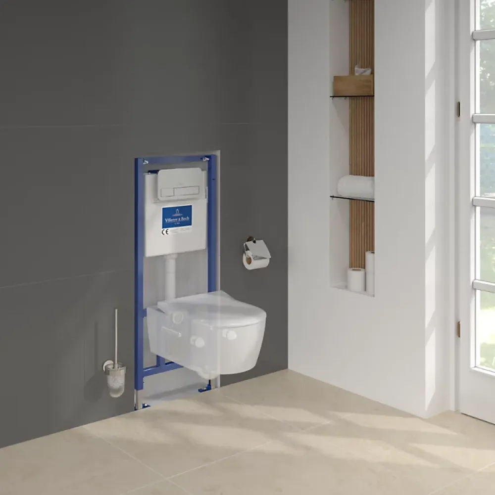 Villeroy & Boch Pack WC sans bride VILLEROY ET BOCH Avento + Bâti support + abattant frein de chute + plaque chromée mat + Tabouret blanc