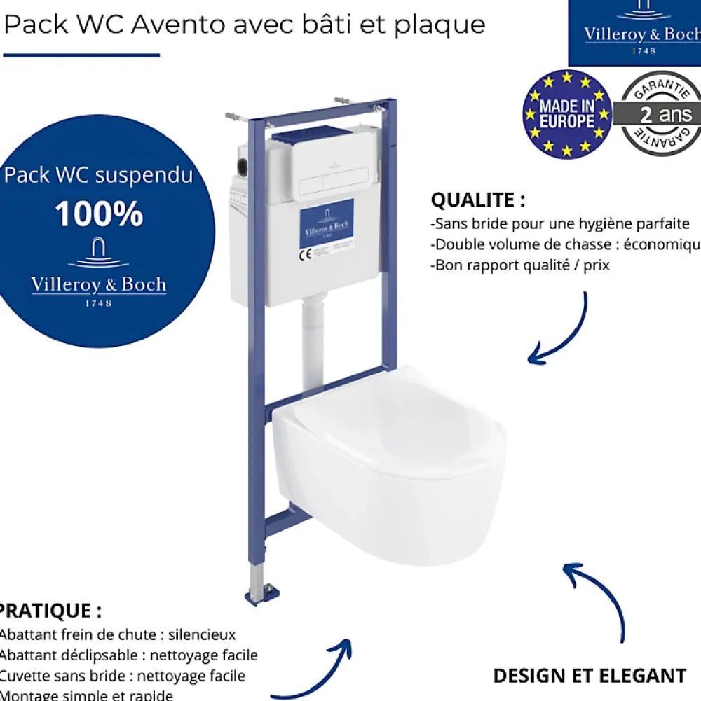 Villeroy & Boch Pack WC sans bride VILLEROY ET BOCH Avento + Bâti support + abattant frein de chute + plaque chromée mat + Tabouret blanc