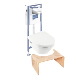 Wc Suspendu|Villeroy & Boch Pack WC sans bride VILLEROY ET BOCH Architectura abattant + bâti-support sol et mur + plaque chromée brillant + Tabouret bois