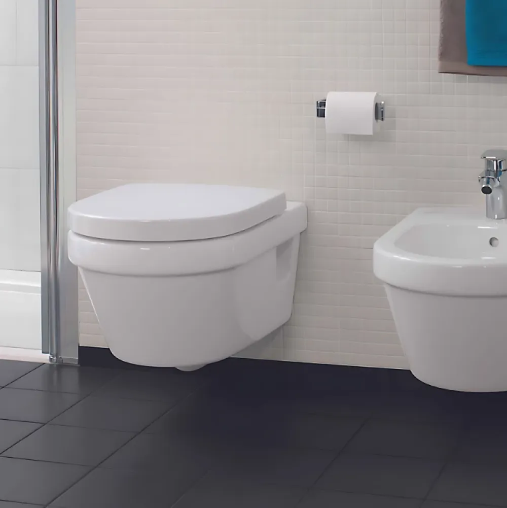 Wc Suspendu|Villeroy & Boch Pack WC sans bride VILLEROY ET BOCH Architectura abattant + bâti-support sol et mur + plaque chromée brillant + Tabouret bois