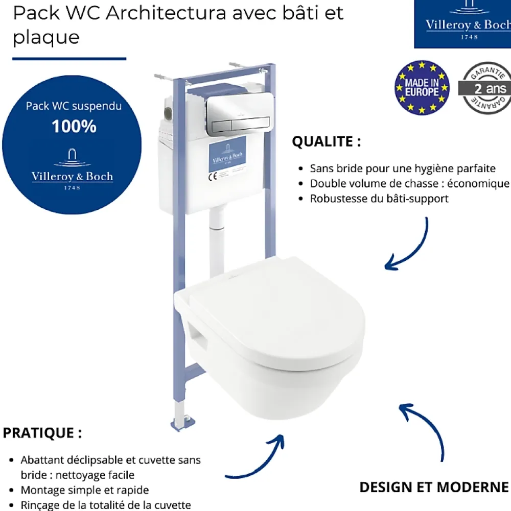 Wc Suspendu|Villeroy & Boch Pack WC sans bride VILLEROY ET BOCH Architectura abattant + bâti-support sol et mur + plaque chromée brillant + Tabouret bois