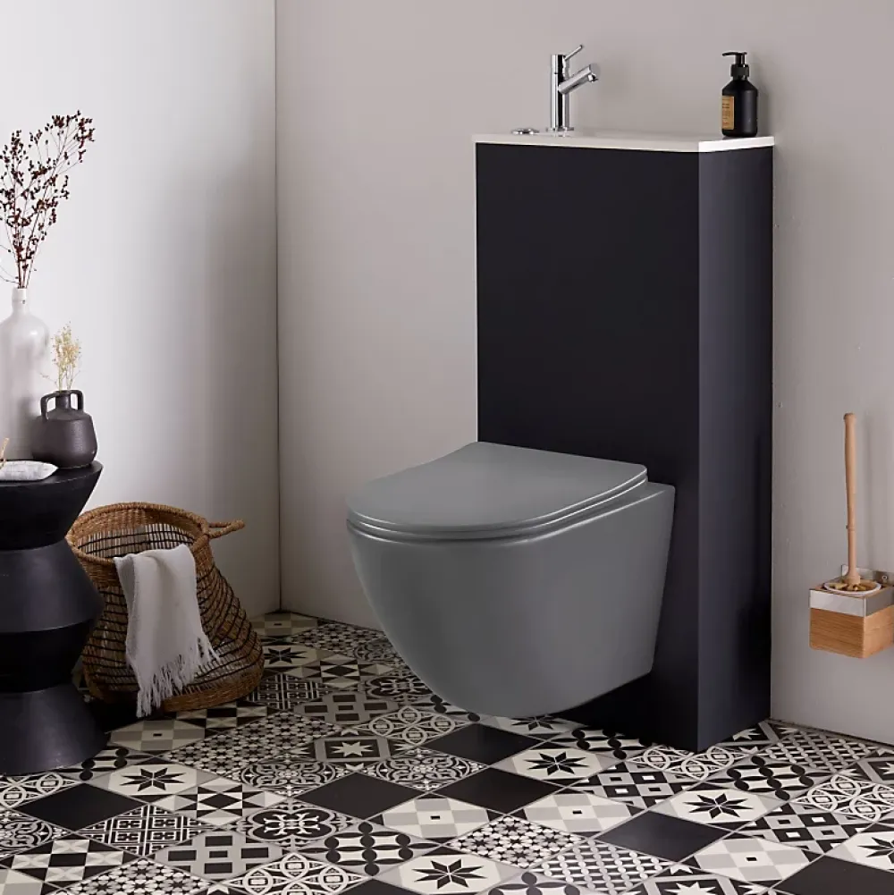 Planète Bain Pack WC suspendu avec lave-mains intégré + Cuvette gain de place sans bride corolla Gris mat