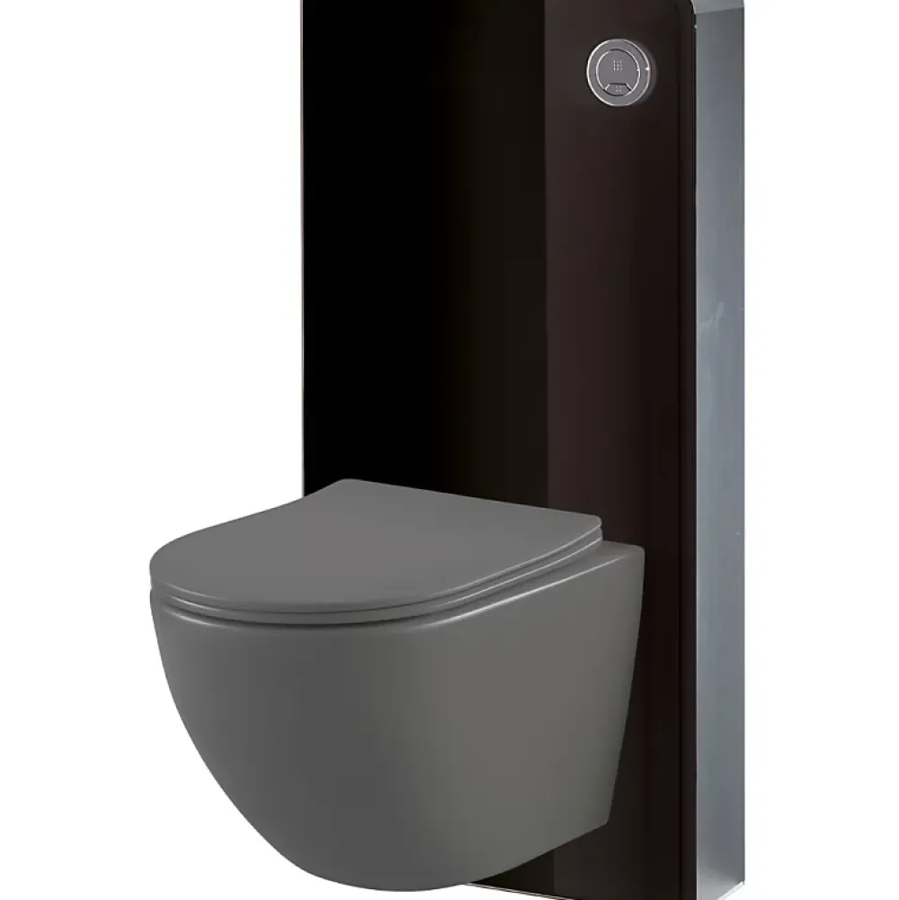 Planète Bain Pack WC suspendu gain de place bâti mural verre noir + cuvette sans bride gris mat corolla