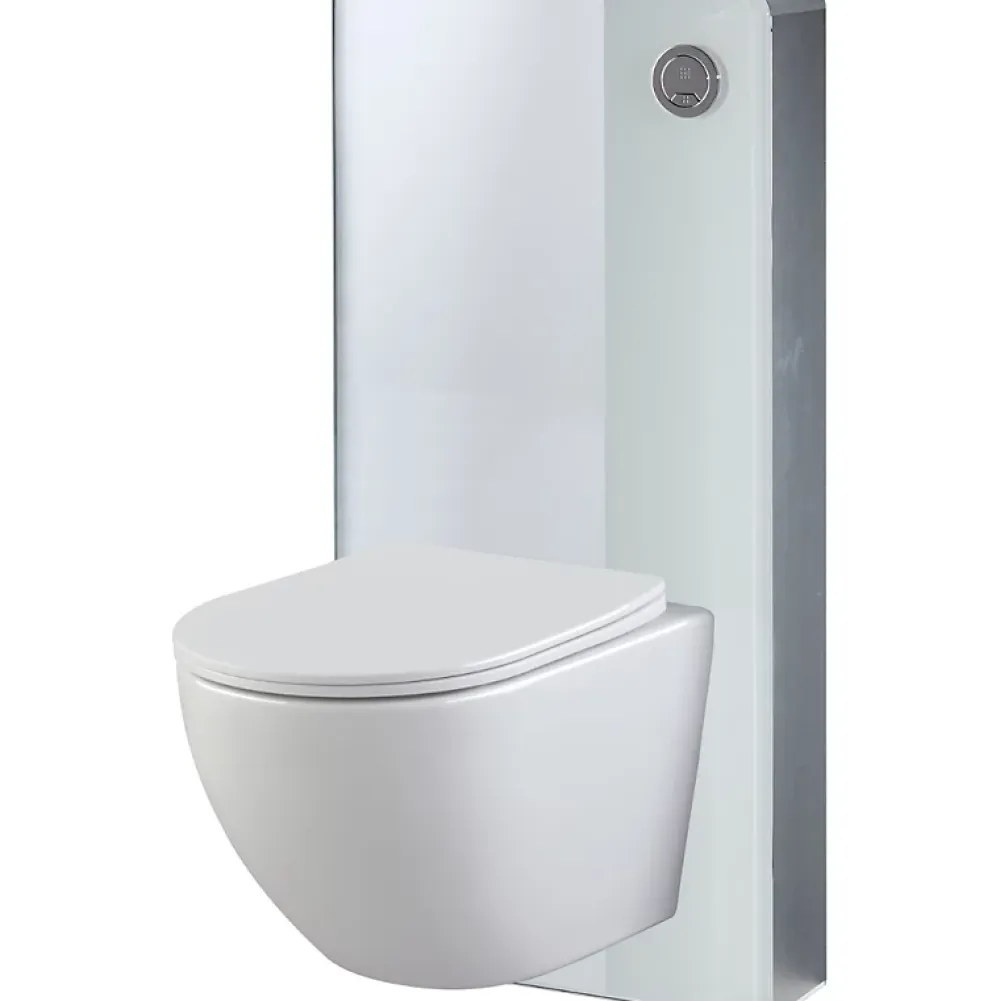 Planète Bain Pack WC suspendu gain de place bâti mural verre blanc + cuvette sans bride Corolla