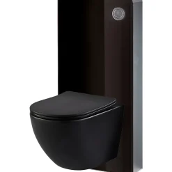 Planète Bain Pack WC suspendu gain de place bâti mural verre noir + cuvette sans bride noir mat corolla