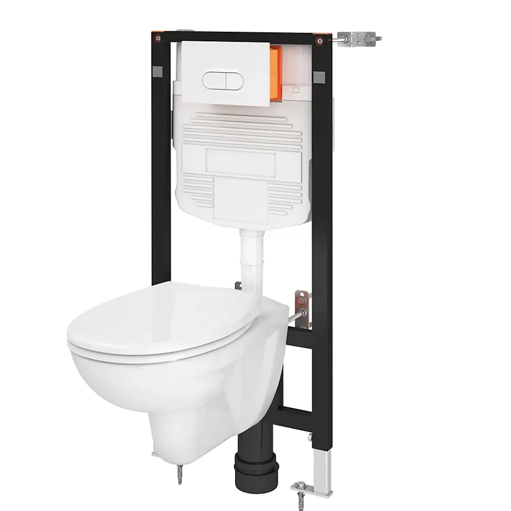Wc Suspendu|GoodHome Pack WC suspendu Lagon, en porcelaine vitrifiée avec abattant + bâti-support universel,