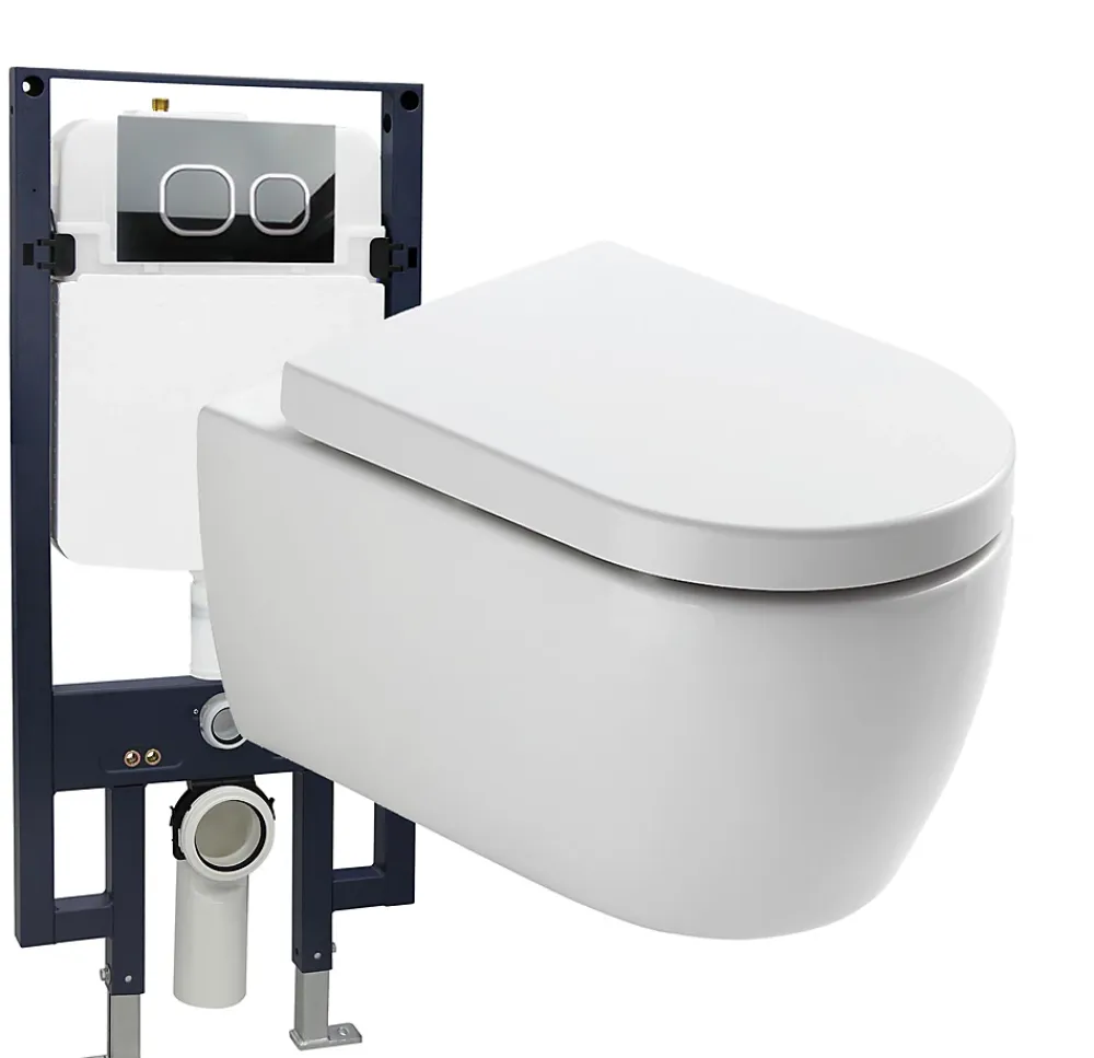 Bernstein Pack WC suspendu NT2039 blanc brillant, abattant Soft-Close avec bâti-support G3008 + plaque de déclenchement noir mat Modèle 4111
