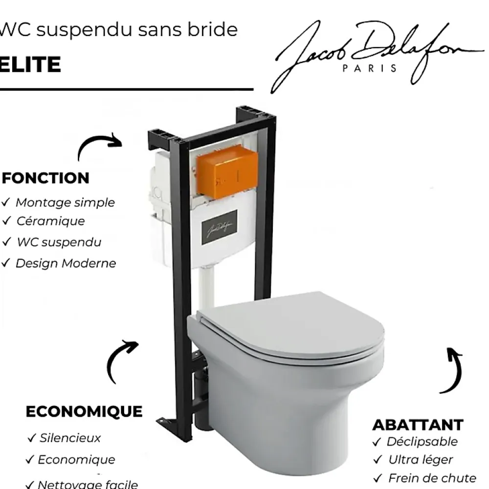 Wc Suspendu|Jacob Delafon Pack WC suspendu sans bride Elite + bâti-support + plaque Chrome + accessoires