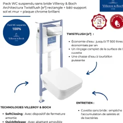 Villeroy & Boch Pack WC suspendu sans bride Architectura Twistflush e3 rectangle+bâti-support sol et mur+plaque chrome brillant