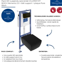 Wc Suspendu|Villeroy & Boch Pack WC suspendu sans bride VILLEROY ET BOCH Memento 2.0 + abattant + bâti-support sol et mur + plaque Pure Black