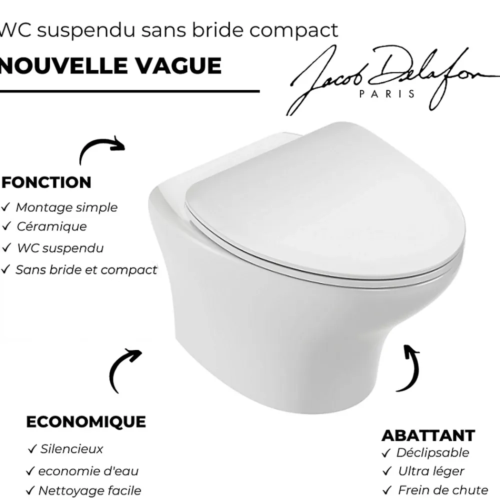 Wc Suspendu|Jacob Delafon Pack WC suspendu sans bride compact Nouvelle vague+ bâti-support + plaque Blanc brillant