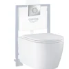 Wc Suspendu|Grohe Pack WC suspendu sans bride Start Round Ceramic + Bati support hauteur réduite universel mur-sol + Plaque carré chromé