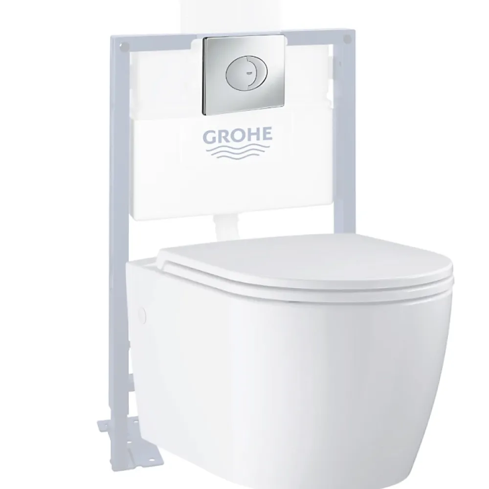 Wc Suspendu|Grohe Pack WC suspendu sans bride Start Round Ceramic + Bati support hauteur réduite universel mur-sol + Plaque carré chromé