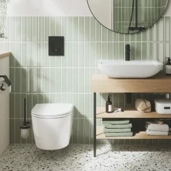 Wc Suspendu|Grohe Pack WC suspendu sans bride Start Round Ceramic + Bati support hauteur réduite universel mur-sol + Plaque carré chromé