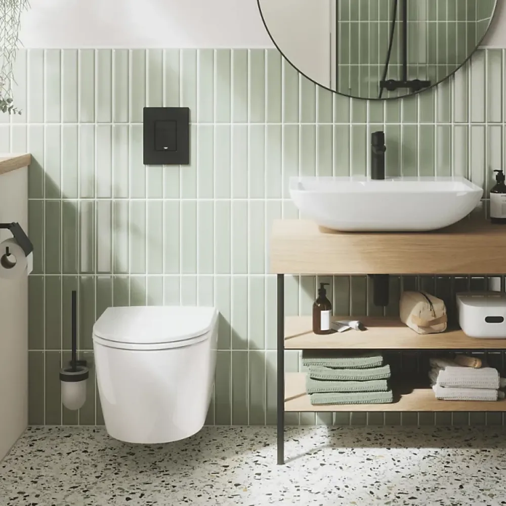 Wc Suspendu|Grohe Pack WC suspendu sans bride Start Round Ceramic + Bati support hauteur réduite universel mur-sol + Plaque carré chromé